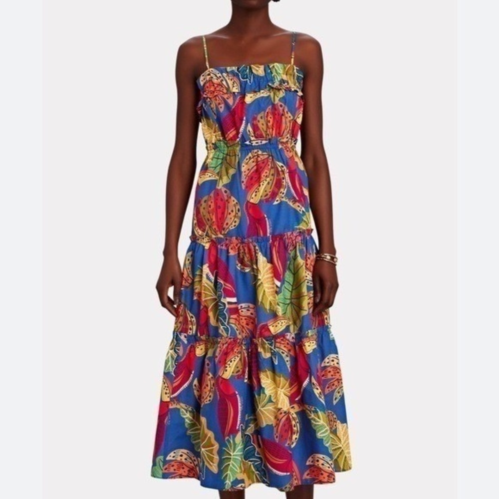 Farm Rio Blue Tropical Bird Print Smocked Tiered Midi Dress Boho NWT M